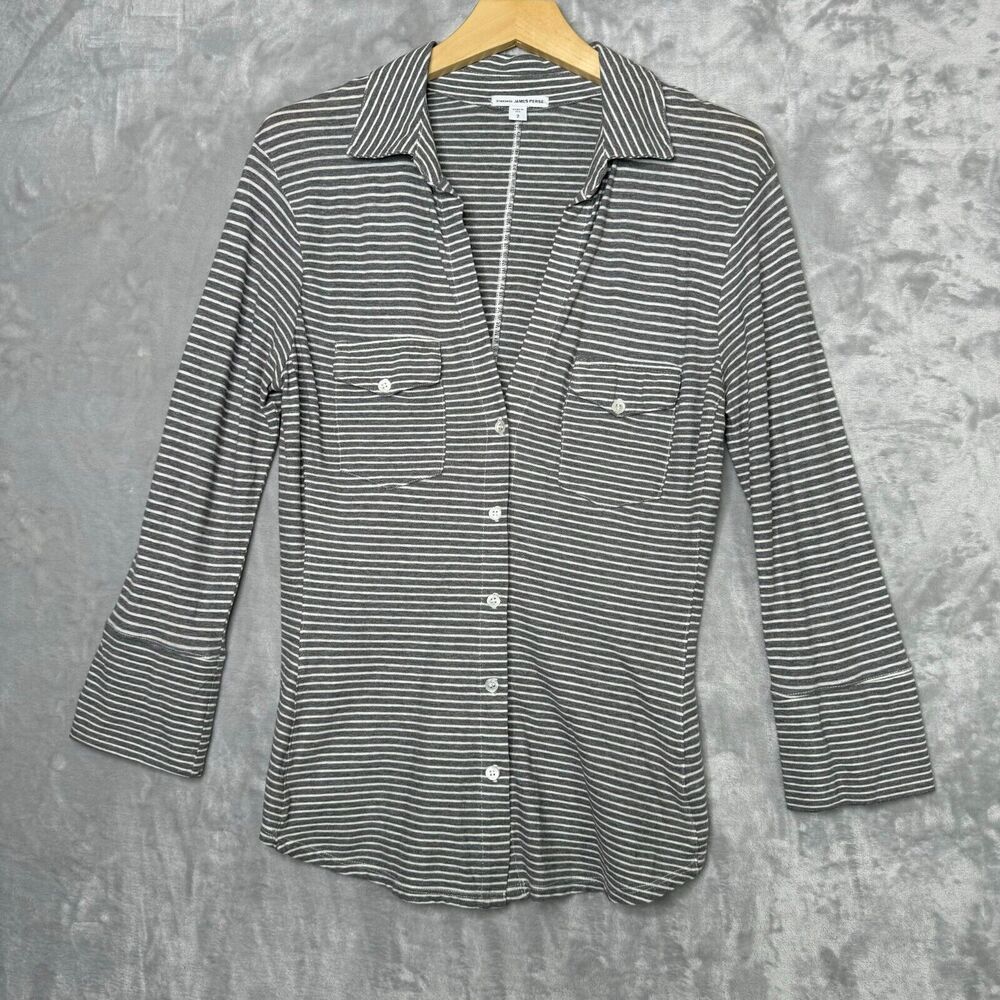 Standard James Perse Top Womens 2 Gray White Stripe Cotton Knit Button Down